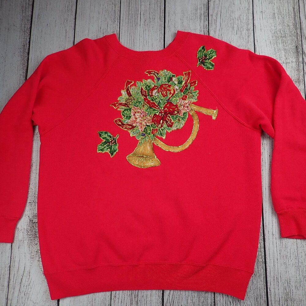 Vintage Hanes Her Way Christmas Floral Crewneck Red Sweatshirt, Women's M